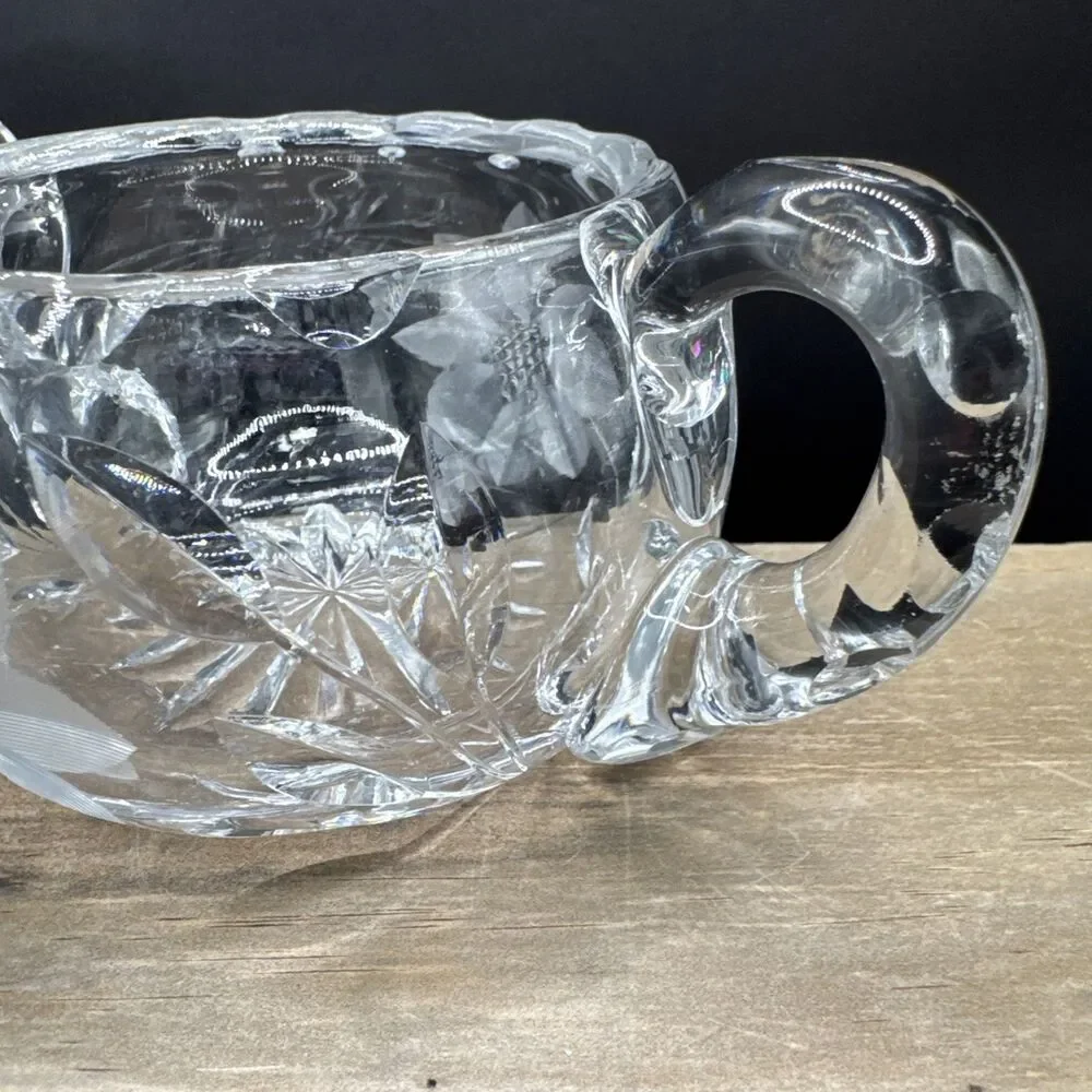 Etched Glass Clear Cut Flower Design Sugar Bowl with Two Handles Solid Heavy